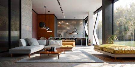 interior of modern bright living room with sofa and coffee table.の素材