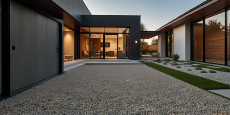 Modern villa with garden and swimming pool. Nobody inside. 3D rendering