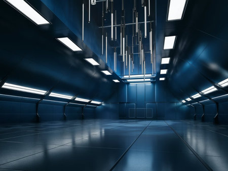 3D render of a futuristic corridor with lights and reflections in itの写真素材