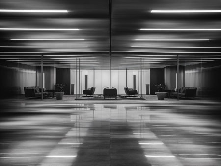 Interior of a modern office building. Black and white photography.