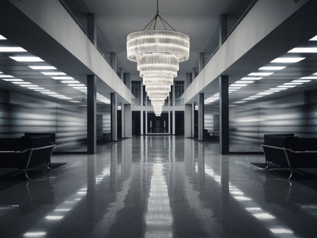 Interior of modern office building with white ceiling, ceiling lamp and armchairsの写真素材