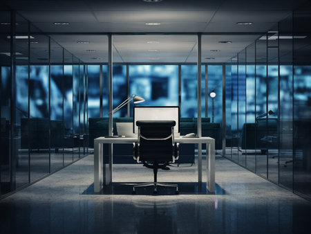 Interior of modern office with glass walls, concrete floor and rows of computer tables. 3d renderingの写真素材