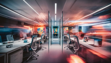 Modern office interior with computers in motion blur. 3D Rendering
