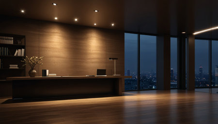 Interior of modern office with wooden walls, wooden floor, dark brown reception desk and bookcase. 3d renderingの写真素材