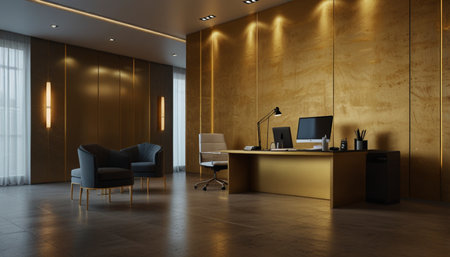 Interior of modern office waiting room with wooden walls, concrete floor, yellow computer table and armchair. 3d renderingの写真素材