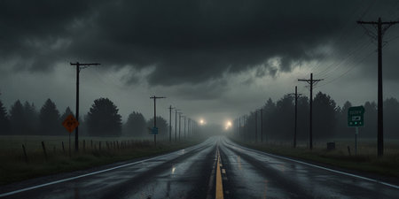 Country road in the fog at night. Dramatic sky with clouds.の写真素材