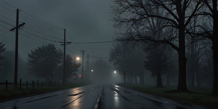 Road in the fog at night. Panoramic view of the road.