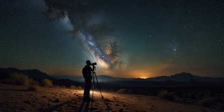 Photographer with camera taking pictures of the Milky Way in the desert
