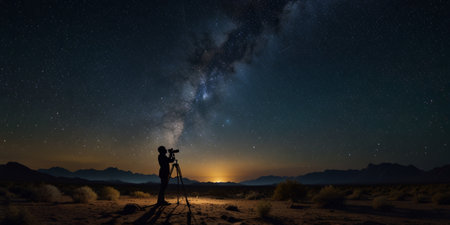 Photographer taking photo of starry sky at night. 3d renderingの写真素材