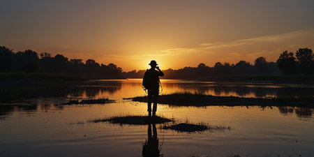 Silhouette of a man standing on the bank of the river at sunset