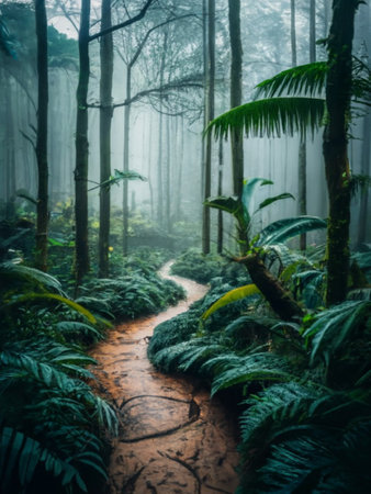 Pathway through the forest in the misty morning, Bali island, Indonesiaの写真素材