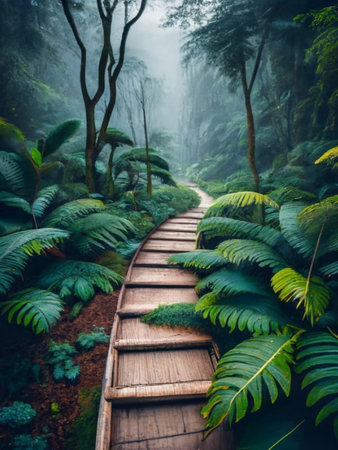Wooden walkway in tropical rainforest with fog and green plantsの写真素材