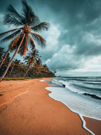 Tropical beach with coconut palm trees and cloudy sky, Sri Lankaの写真素材