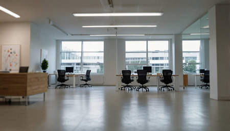 Interior of a modern office, wide angle view with rows of chairsの写真素材