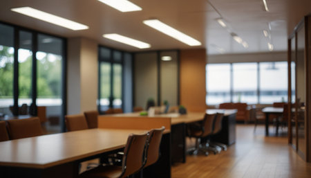 Interior of a modern restaurant with wooden tables and chairs. Blurred backgroundの写真素材