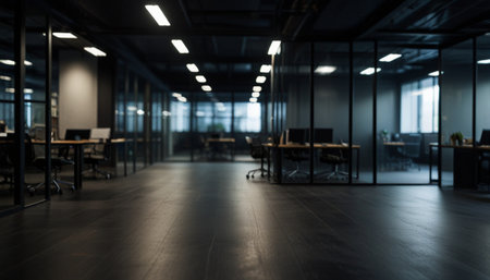 Blurred image of an empty office with no people in the backgroundの写真素材