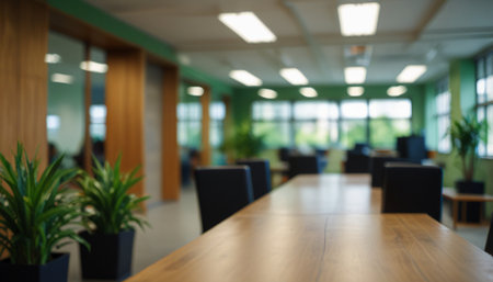 Blurred background of modern meeting room with wooden table and chairs.の写真素材