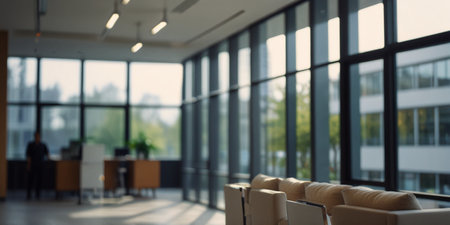 Blurred background of empty waiting room in modern office with glass wallの写真素材