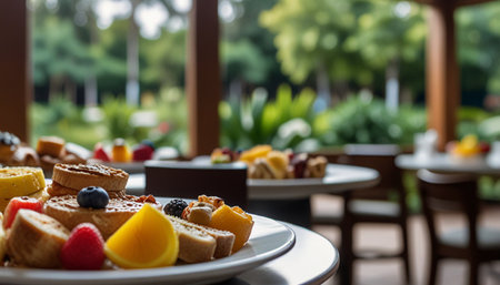 Breakfast on the terrace of a restaurant with a lot of food.の写真素材