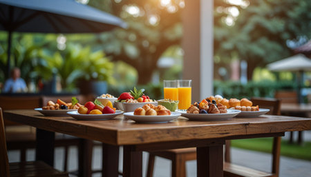 Breakfast with coffee and fruits on wooden table in the garden.の写真素材