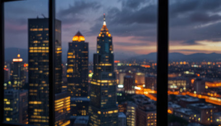Blurred cityscape with skyscrapers at sunset, bokehの写真素材