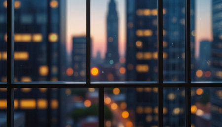 View of the city through the window of a modern office building.の写真素材