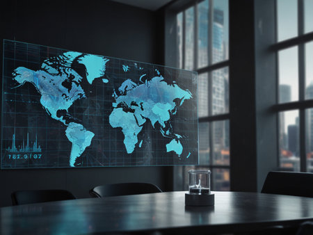 Black boardroom interior with world map and city view. 3D Renderingの写真素材