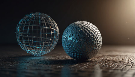 3d rendering of two disco balls on a dark background with copy spaceの写真素材