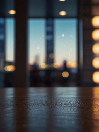 Empty wood table and blurred view of city at night, product display montage
