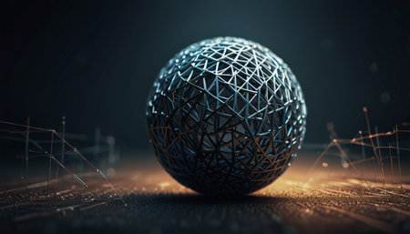 3d rendering of abstract sphere with wireframe structure on dark backgroundの写真素材
