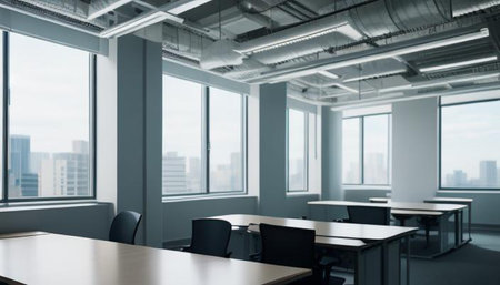 Interior of modern conference room with panoramic city view. 3D Rendering