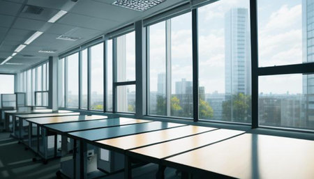 Empty table in modern office with panoramic window view. 3d renderingの写真素材