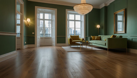 Living room with green walls and wooden floor. 3d rendering.の写真素材