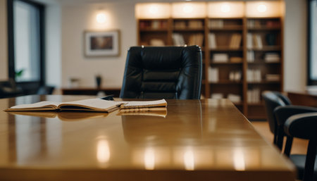 Wooden table and chair in the library. Selective focus.の写真素材