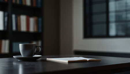 Coffee cup and book on table in library. Education concept