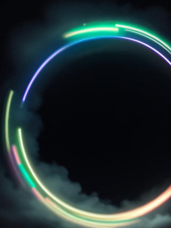 abstract background with a colorful neon circle and clouds in the darkの写真素材