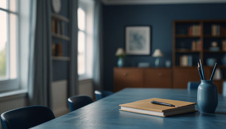 Office interior with book, pen and glass vase. 3d rendering