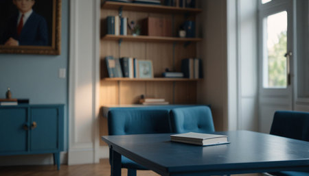 Blurred view of book on table and blue sofa in living room