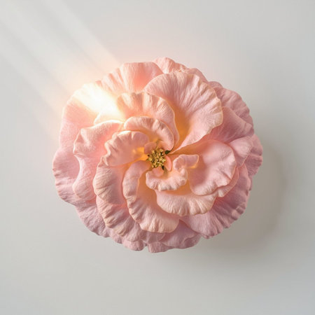 Pink rose on white background. Flat lay, top view, copy space