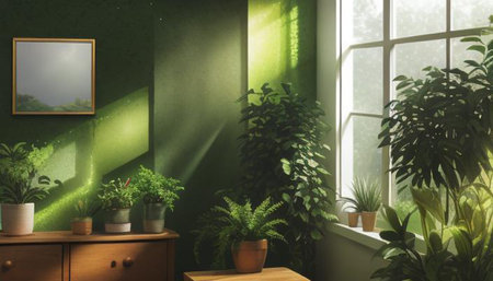 Interior of the living room with green plants. 3D illustrationの写真素材
