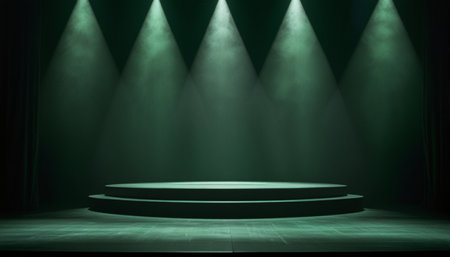 Stage podium illuminated with spotlight. Award ceremony concept. 3D Renderingの写真素材