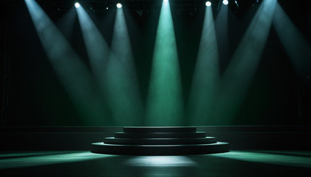 Stage podium illuminated with spotlight. Award ceremony concept. 3D Renderingの写真素材