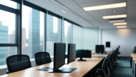 Blurred image of an empty meeting room in a business center.