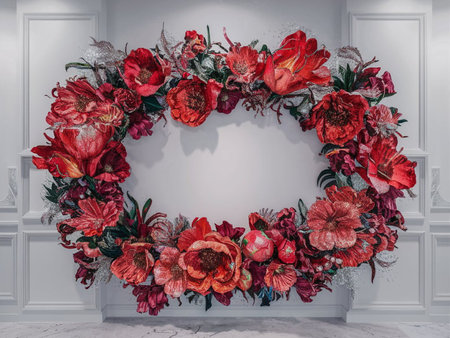 Beautiful floral wreath of red flowers on the white wall.の写真素材