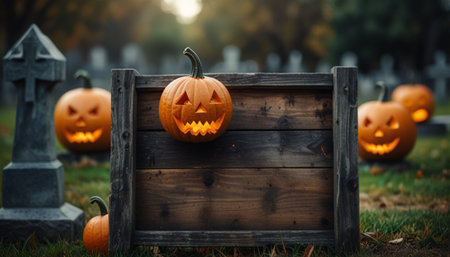 Halloween pumpkins in wooden box on graveyard. 3d rendering