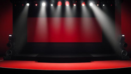 Stage Spotlight with Red Stage Background. 3D Rendering. High Resolutionの写真素材