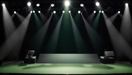 Green stage with spotlights, 3d render. Empty stage backgroundの写真素材