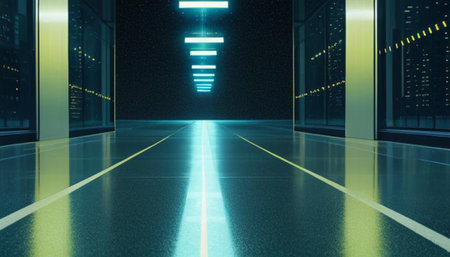3D rendering of a futuristic hallway with neon lights in the background