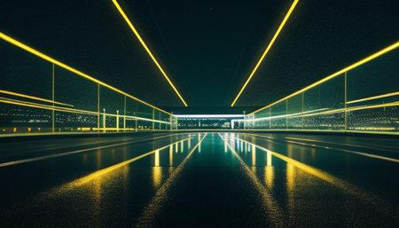Night view of the road through the tunnel with lights and reflections.の写真素材