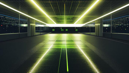 3d rendering of a corridor in a futuristic building with neon lightsの写真素材